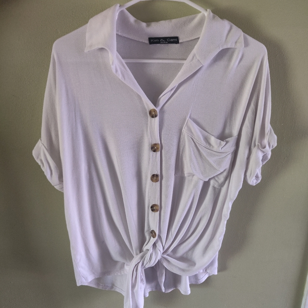 White Button down tie-front top